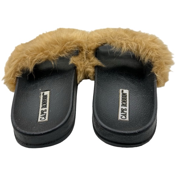 Cape Robbin Moira Faux Fur Slip On Open Toe Casual Sandal Slides Tan Black 6 - Picture 8 of 15